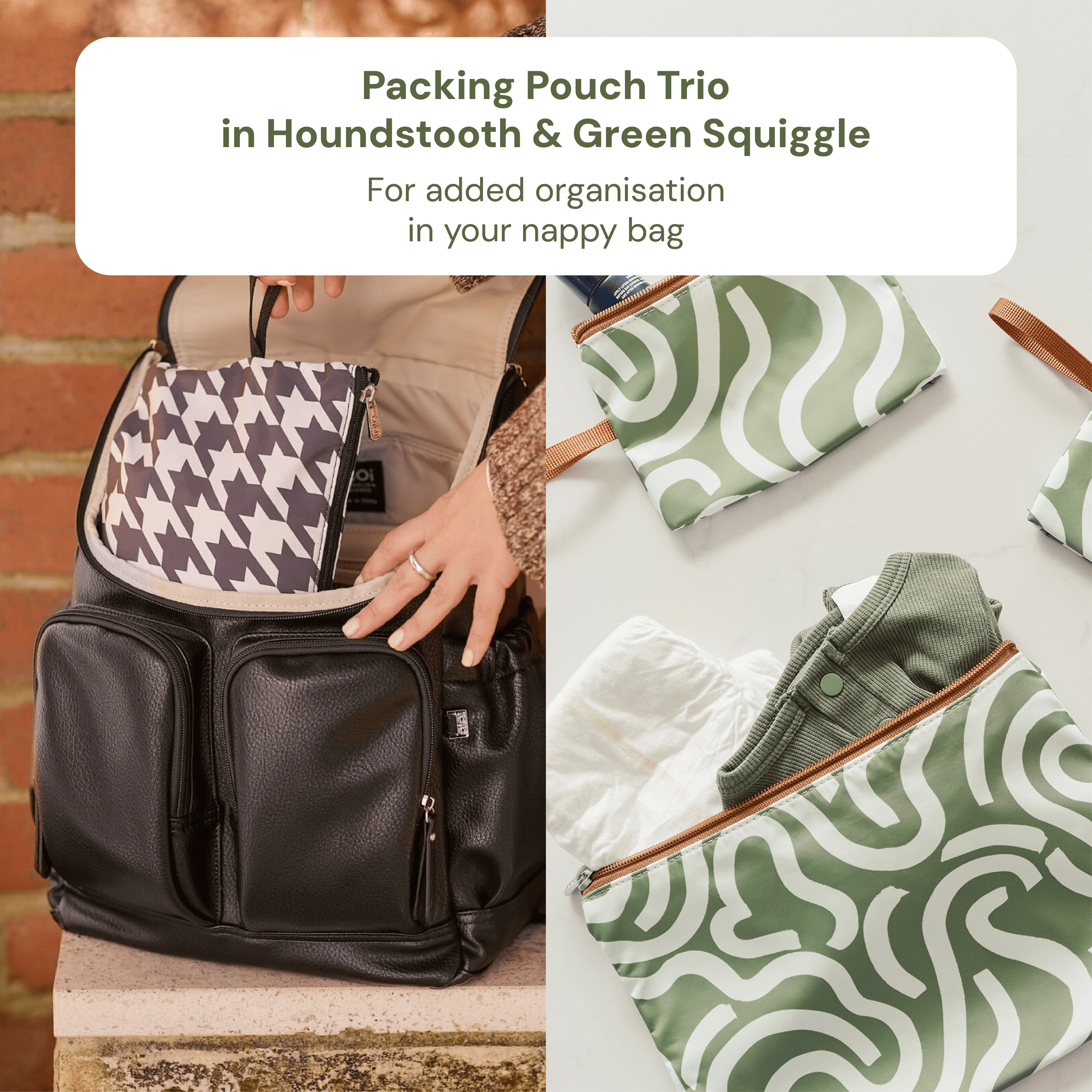 Baby & Toddler Nappy Bag Bundle – Black Neoprene, Houndstooth & Green Squiggle (PRE-ORDER FOR MAY DELIVERY) - Image 4