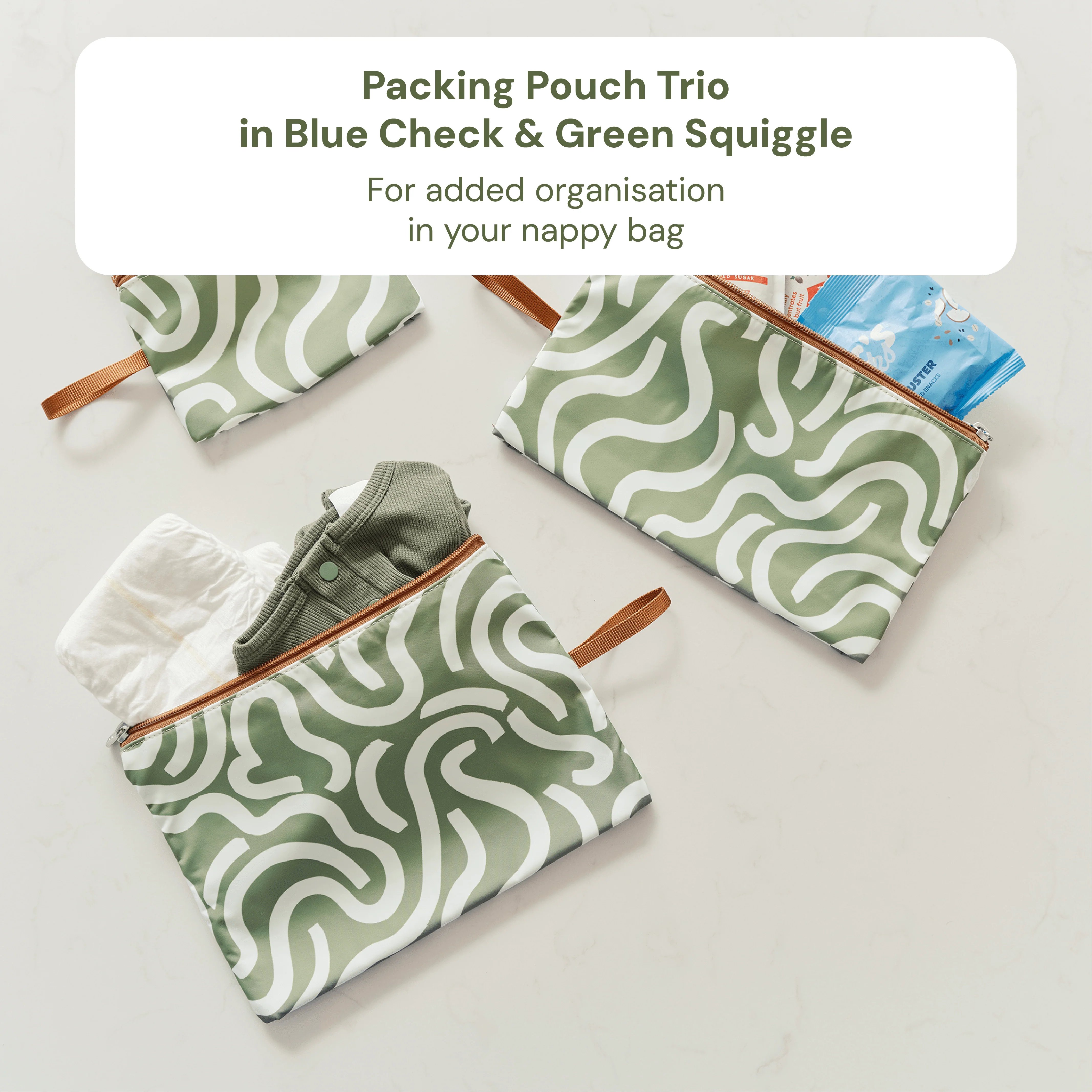 Baby & Toddler Nappy Bag Bundle – Sage Neoprene, Green Squiggle & Blue Check (PRE-ORDER FOR MAY DELIVERY) - Image 4