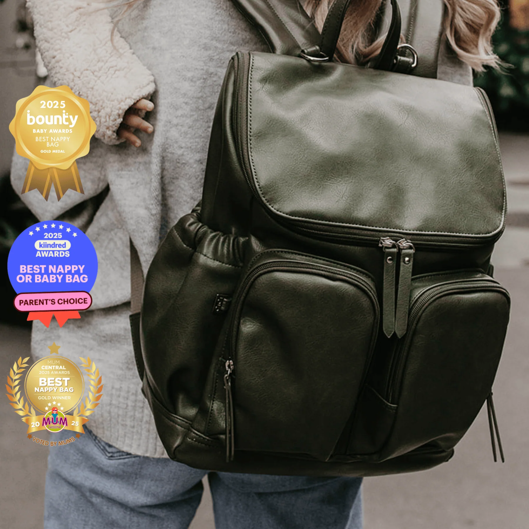 Signature Nappy Backpack - Olive Vegan Leather - Image 3