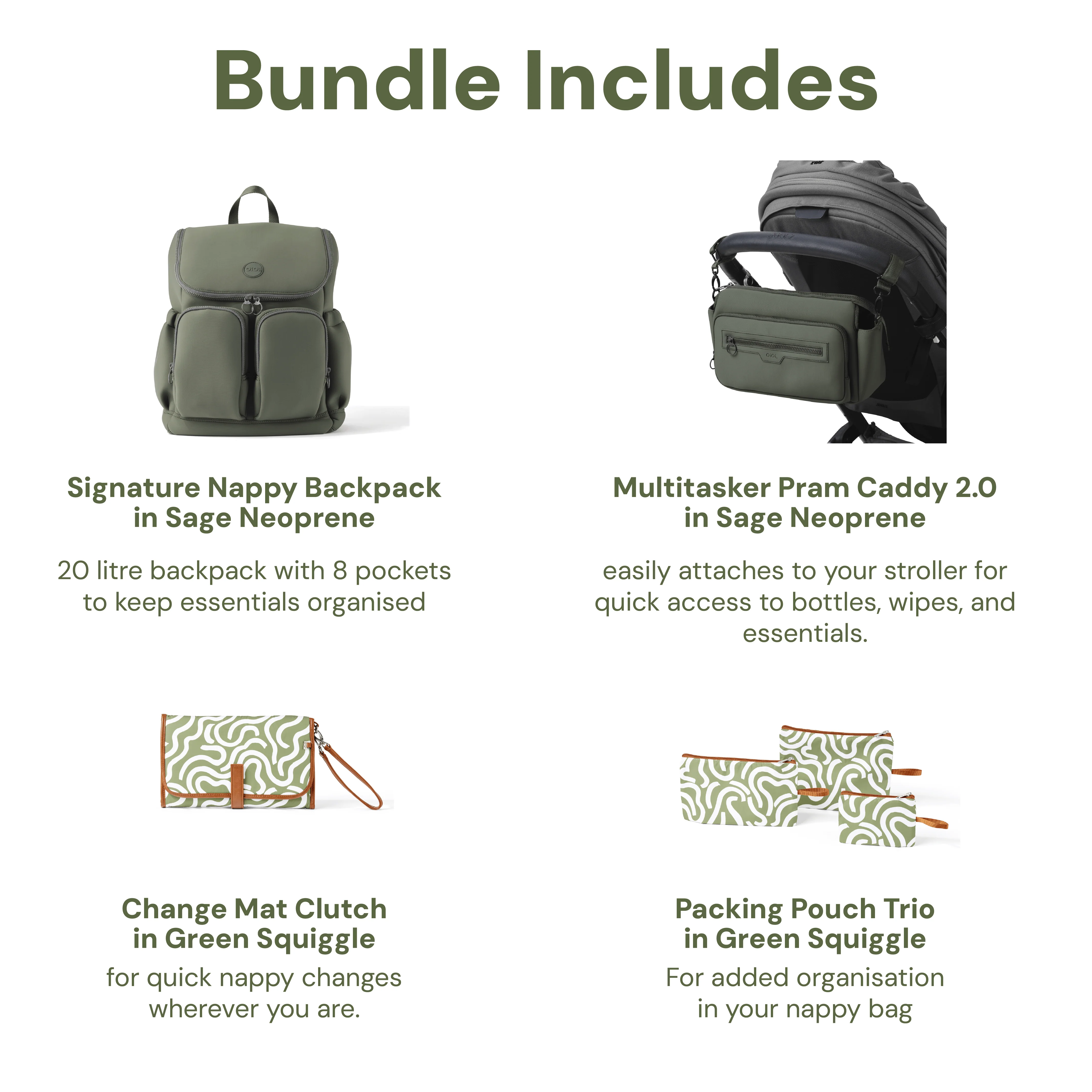 First Time Parent Nappy Bag Bundle -  Sage & Green Squiggle (PRE-ORDER FOR MAY DELIVERY) - Image 2