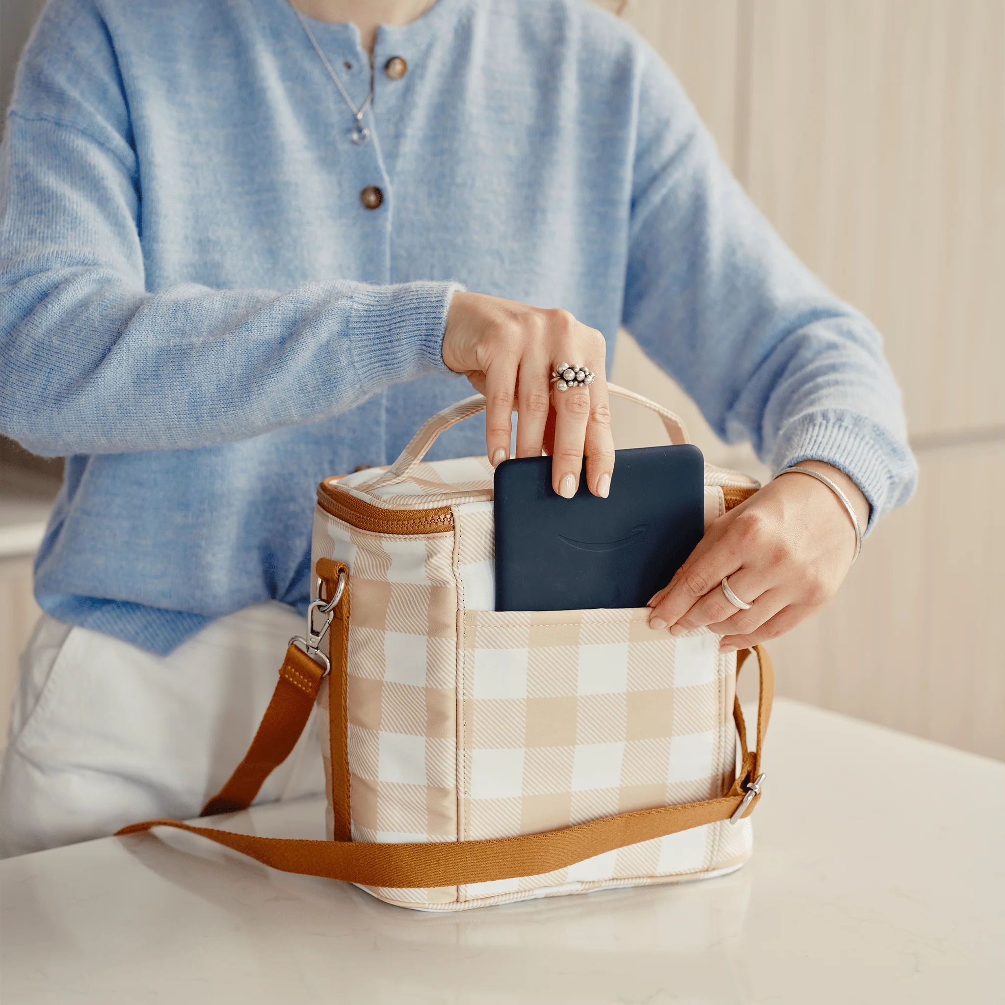 Midi Insulated Lunch Bag/Pumping Bag - Beige Gingham - Image 3