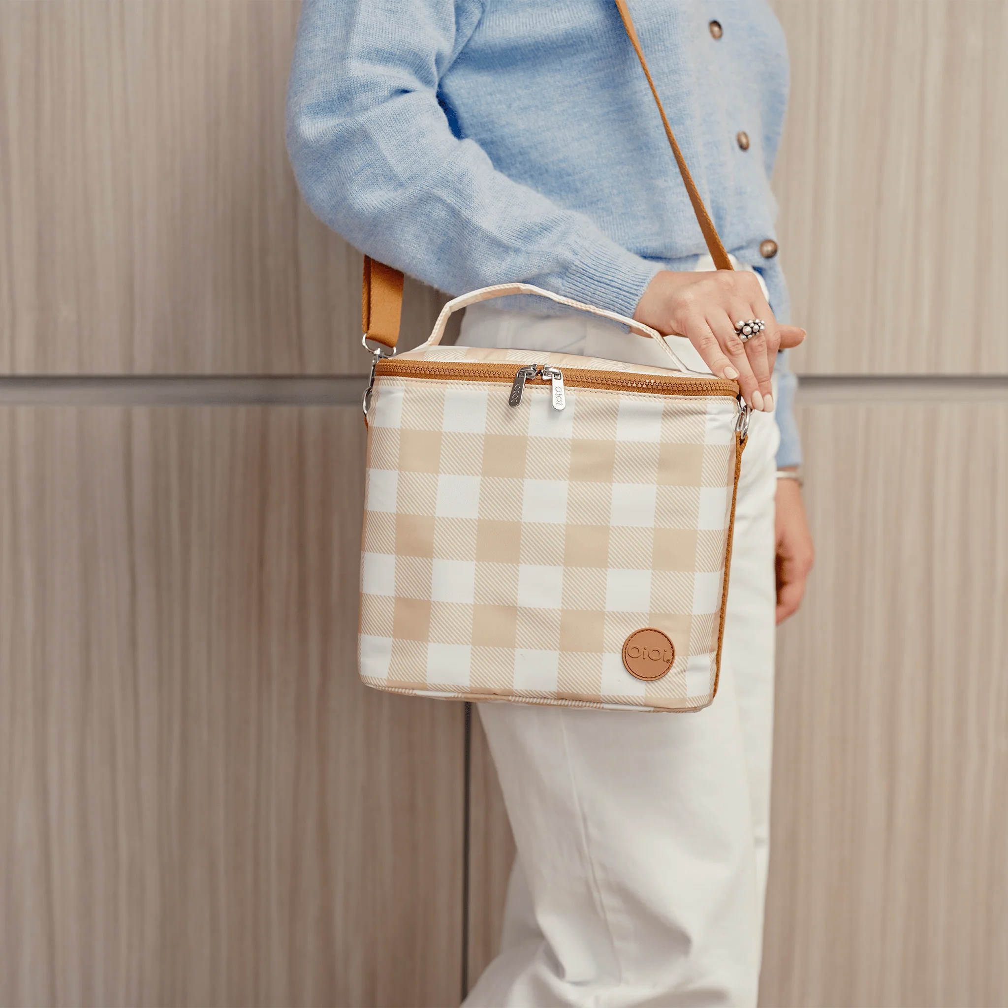 Midi Insulated Lunch Bag/Pumping Bag - Beige Gingham - Image 4