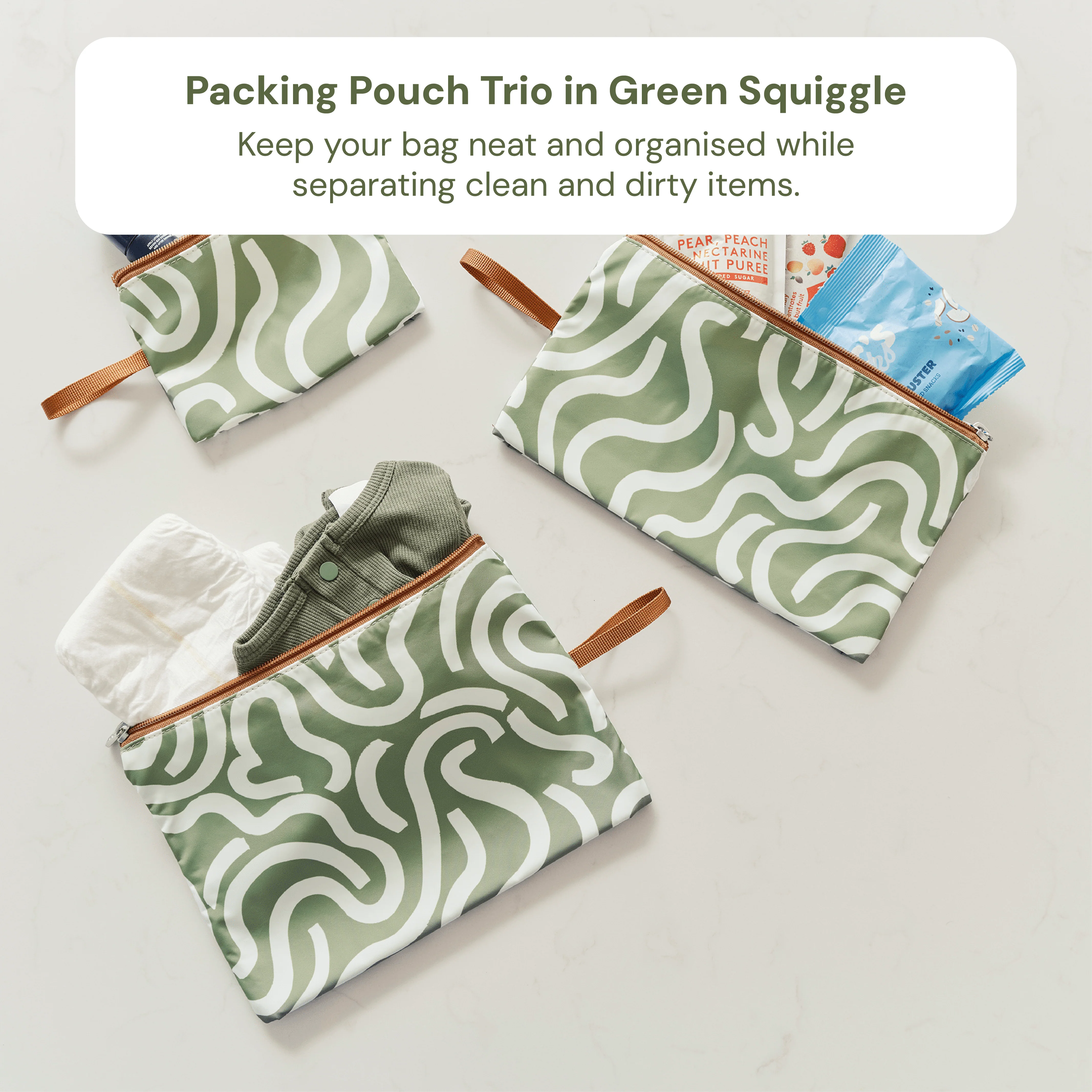 Nappy Bag Organisation Kit – Green Squiggle & Sage Neoprene (PRE-ORDER FOR MAY DELIVERY) - Image 4