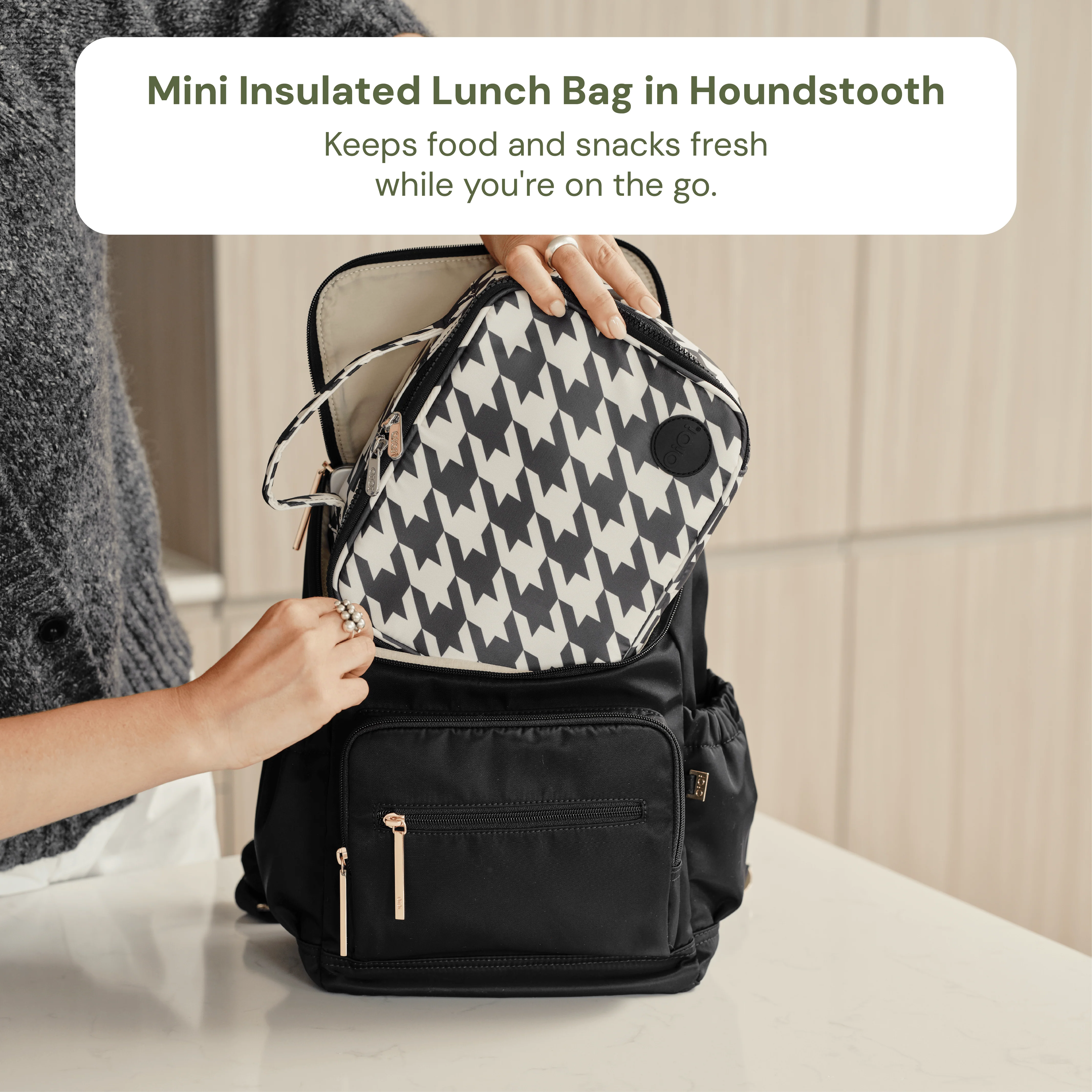 Nappy Bag Organisation Kit – Houndstooth & Black Vegan Leather - Image 3